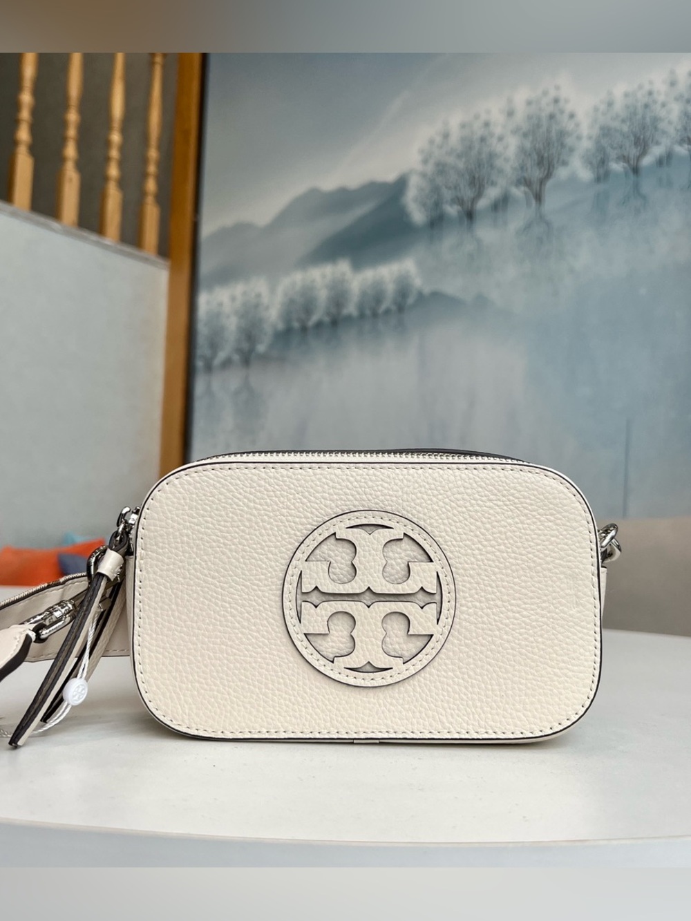 Tory Burch White Crossbody - Patterned Strap Suede Lining